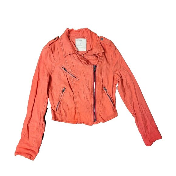 Free People Cropped Linen Blend Jacket - Moto Style ,full zip red orange -Size 4 - Picture 3 of 8